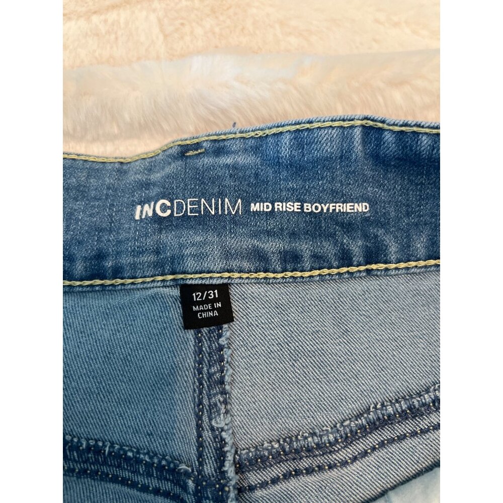INC Denim Mid Rise Boyfriend Jeans size 12/31 Distressed Leopard Patch - Picture 6 of 12
